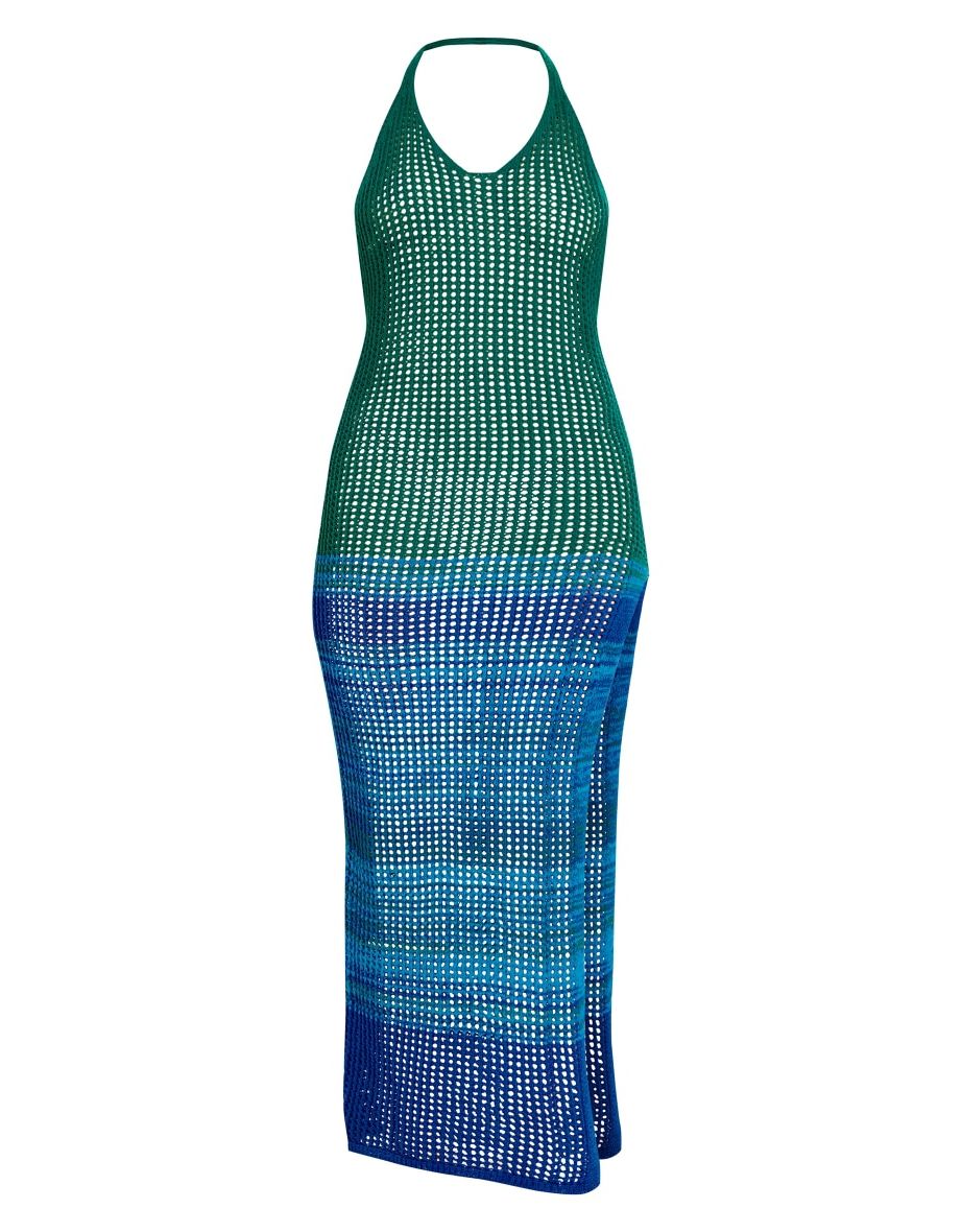 Turquoise Crochet Halter Neck Space Dye Maxi Dress - 3