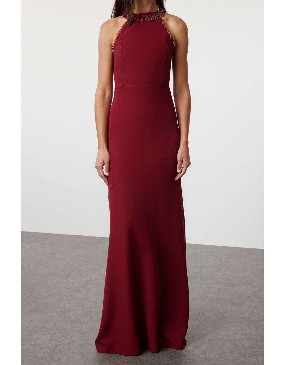 Burgundy Fitted Woven Shiny Stone Long Evening Dress - 6