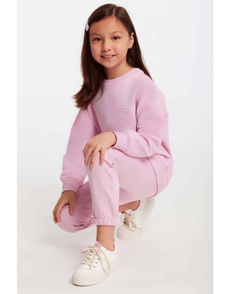 Jabor Girl's Embroidered Crew Neck Comfort Pink Tracksuit Set