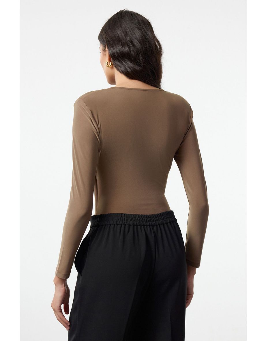 Light Brown Padded Fitted Flexible Knitted Bodysuit Knitted Bodysuit - 4