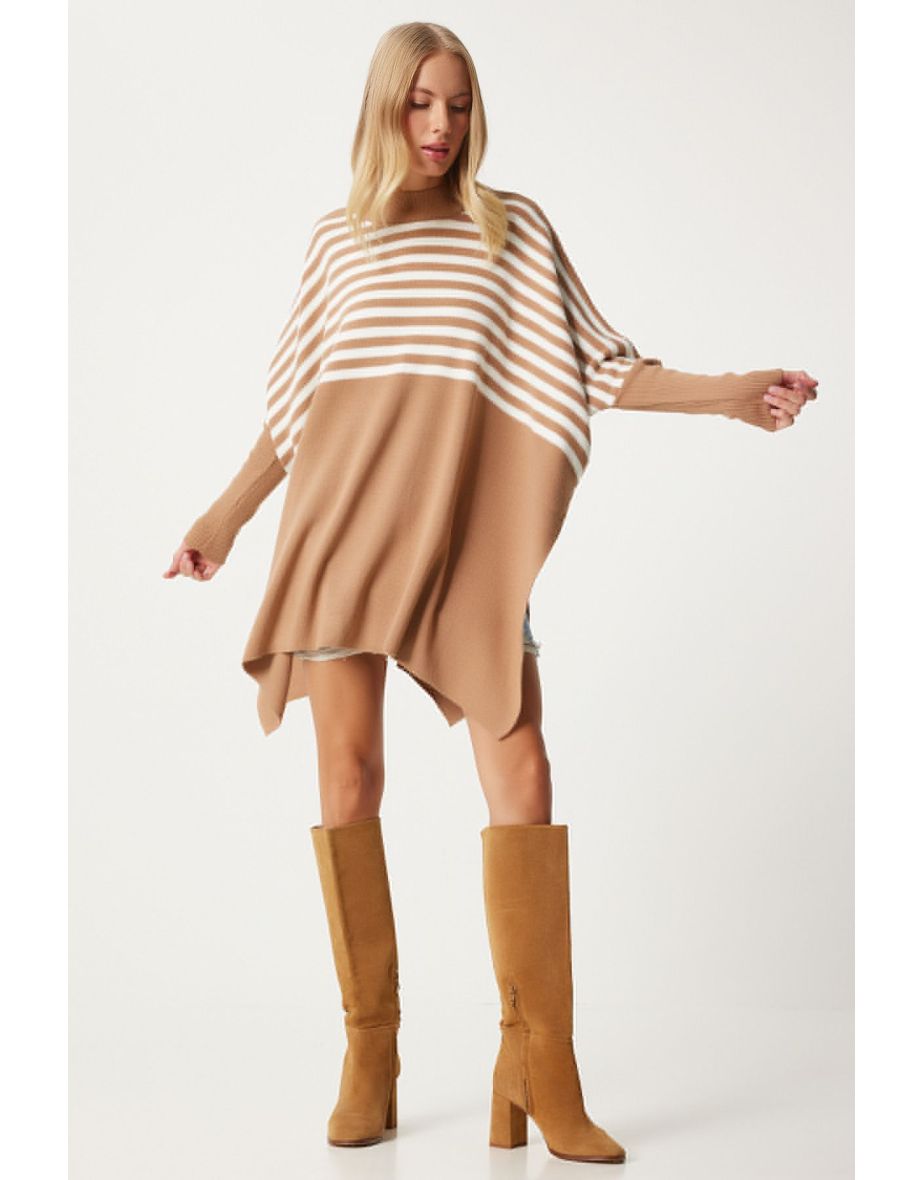 Women's Biscuit Striped Side Slit Oversize Poncho Sweater