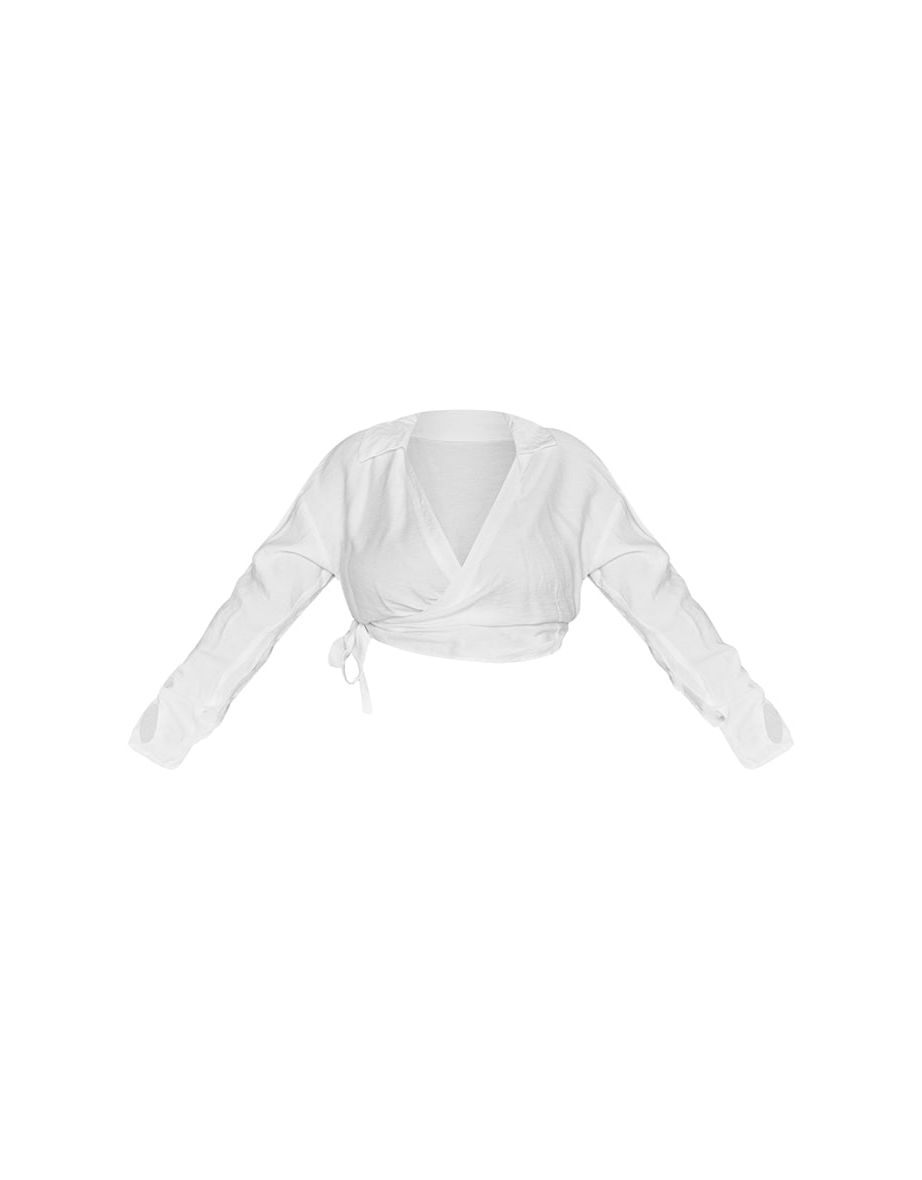 Plus White Wrap Front Shirt Long Sleeve Crop Top - 4