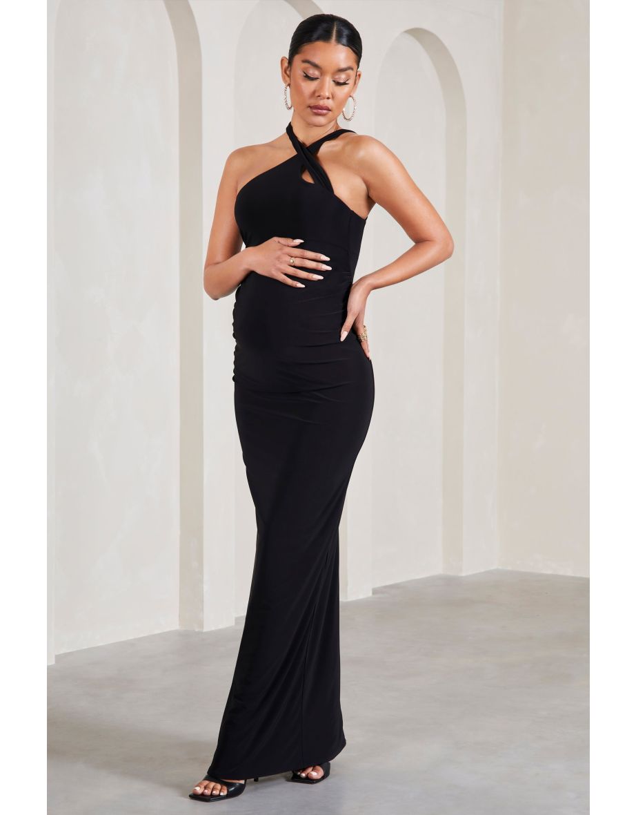Gracie | Black Strappy Asymmetric Sleeveless Maternity Maxi Dress