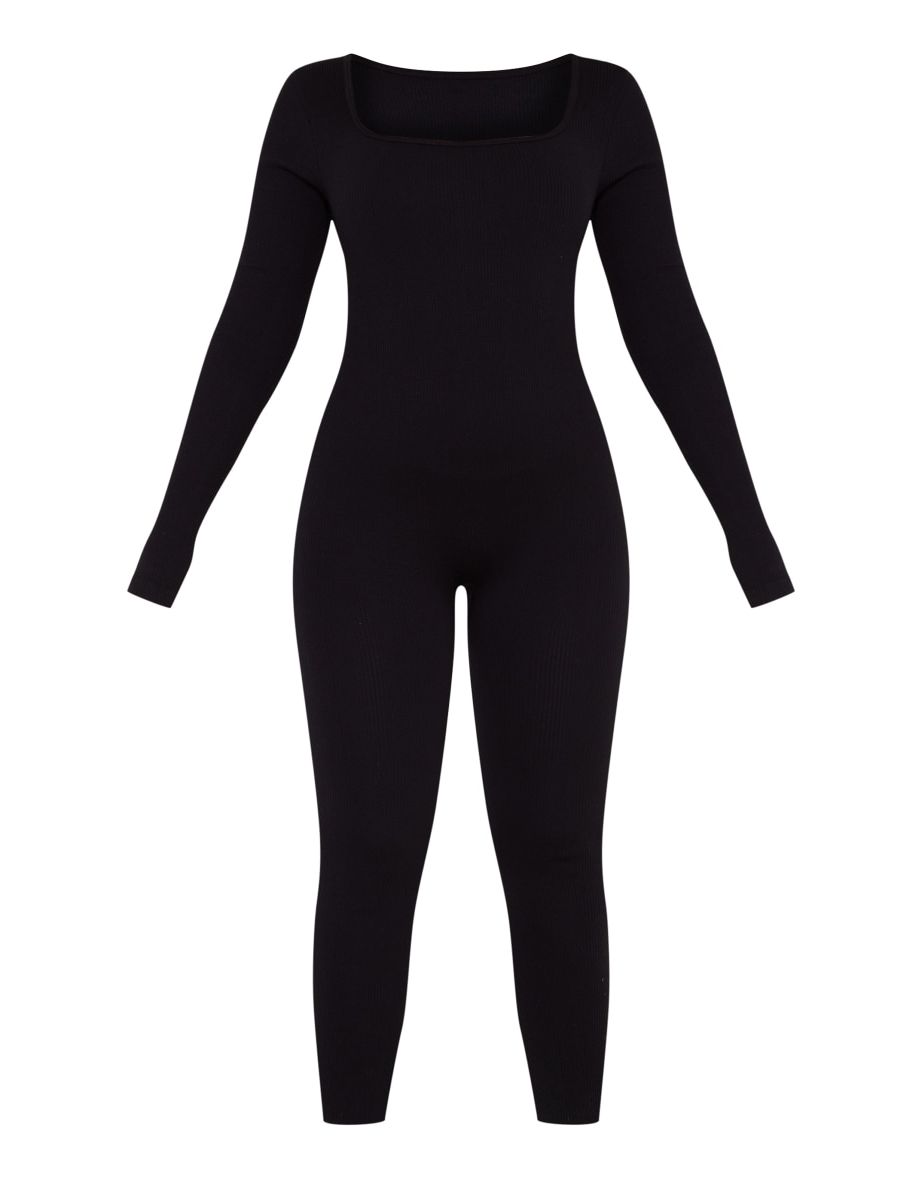 Black Contour Rib Square Neck Long Sleeve Jumpsuit - 4