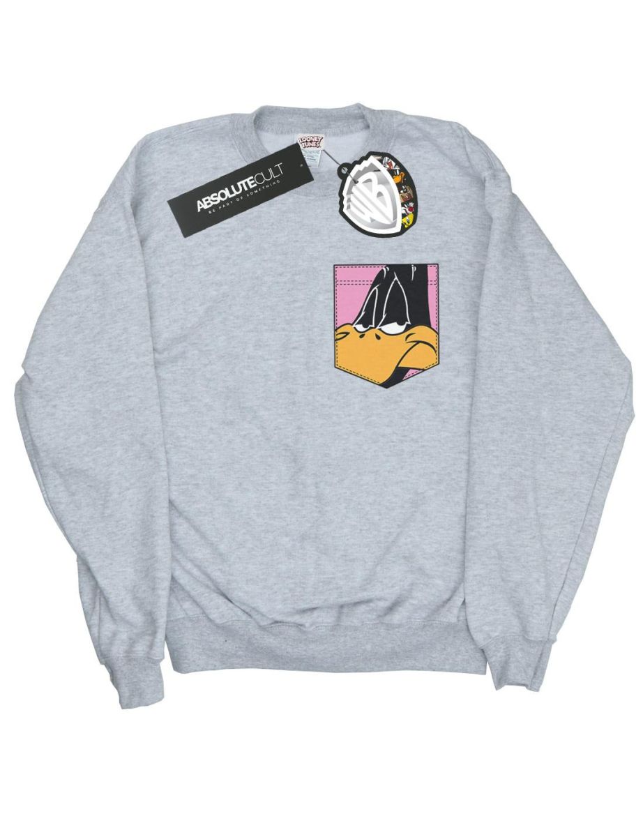 Looney Tunes Boys Daffy Duck Face Faux Pocket Sweatshirt - Sports Grey