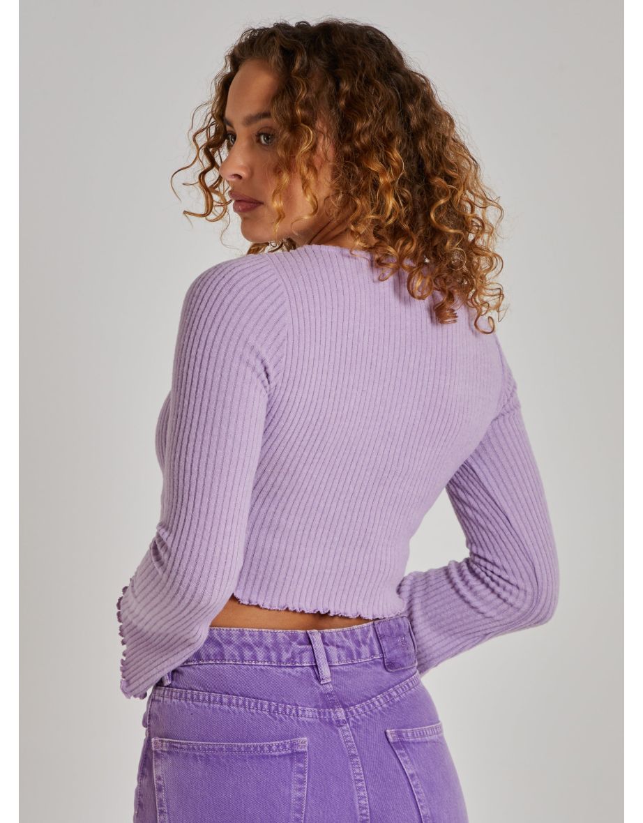 Soft Wide Brushed Ribbed Lettuce Hem Long Sleeve Top - 3