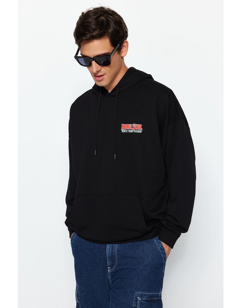 Black Men's Oversize Hoodie Rock Printed Sweatshirt