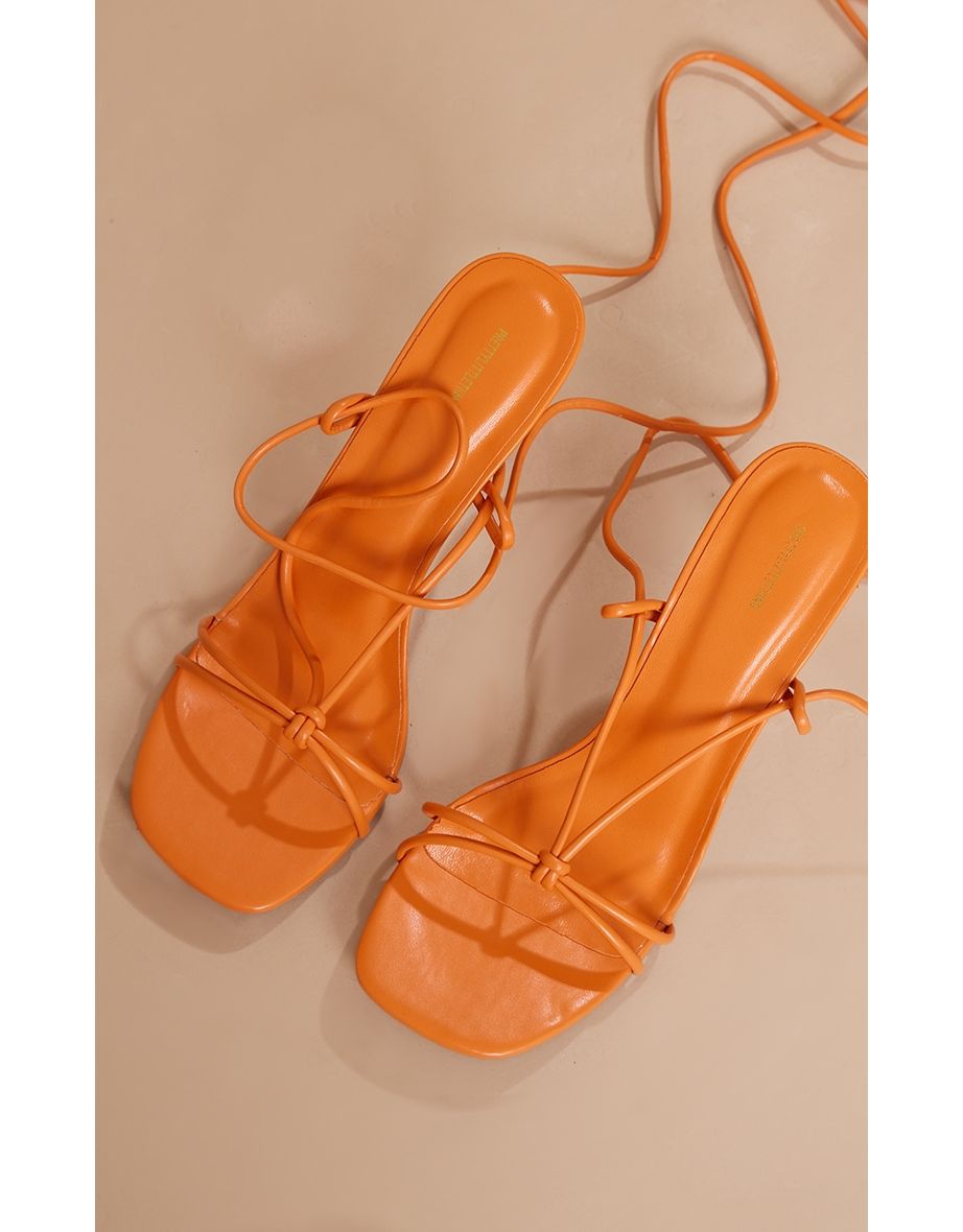 Orange Faux Leather Round Chunky Heel Lace Up Barely There Sandals - 3