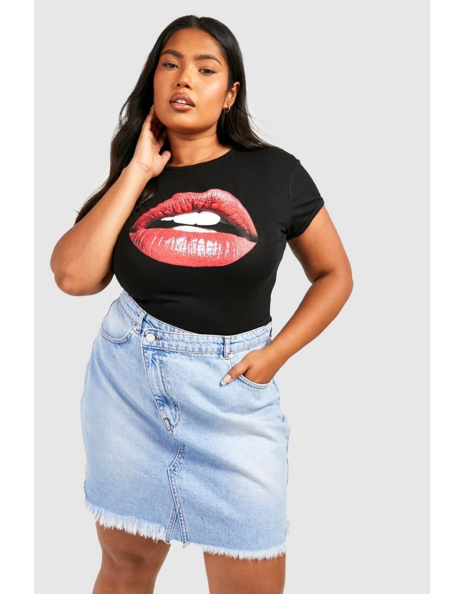 Plus Cap Sleeve Fitted Lips Graphic T-shirt - black