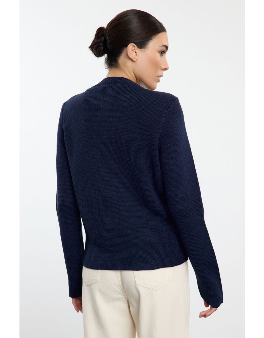 Navy Blue Crew Neck Coat Knitwear Cardigan - 6