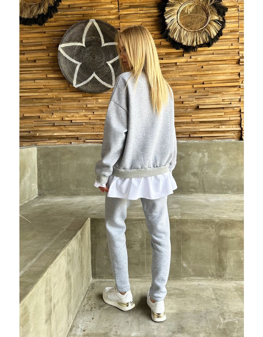 Women's Gray Crew-neck Skirt Shirt Detailed 3-Threads Wrapped Tracksuit Set - 2