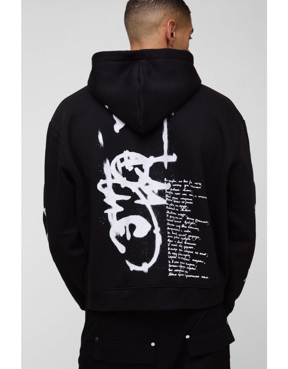 Oversized Multi Placement Graffiti Zip Through Hoodie - black - 2