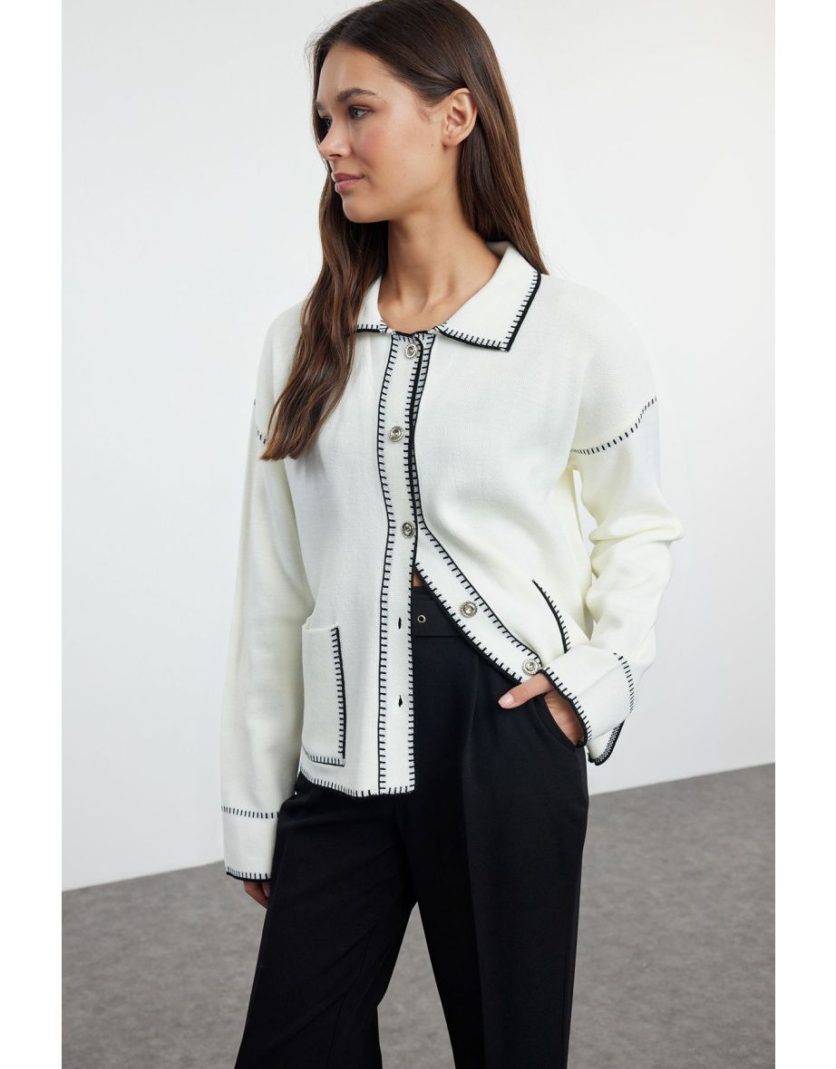 Ecru Color Block Polo Neck Knitted Cardigan - 4