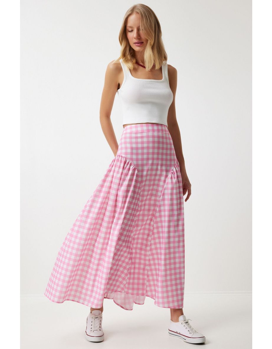 Women's Pink Gingham Flounce Summer Poplin Skirt