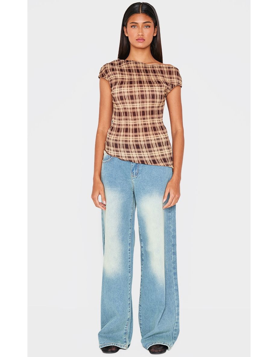 Brown Chiffon Plisse Check Asymmetric Long Top