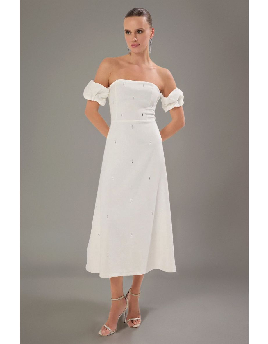 White Body-Styling Stone Print Detail Woven Midi Chic Dress