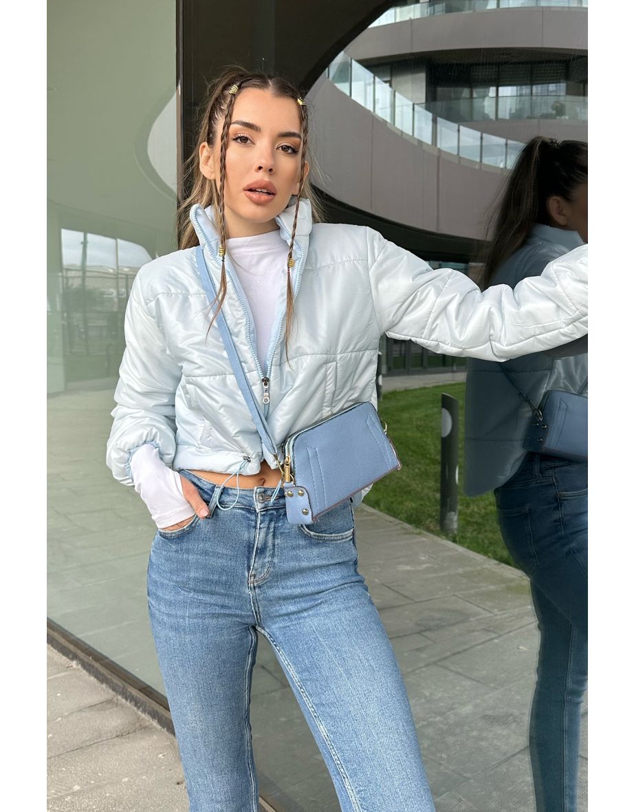 Women's Light Blue Standing Collar Double Pocketed Puffer Puffer Coat with Elastic Waist