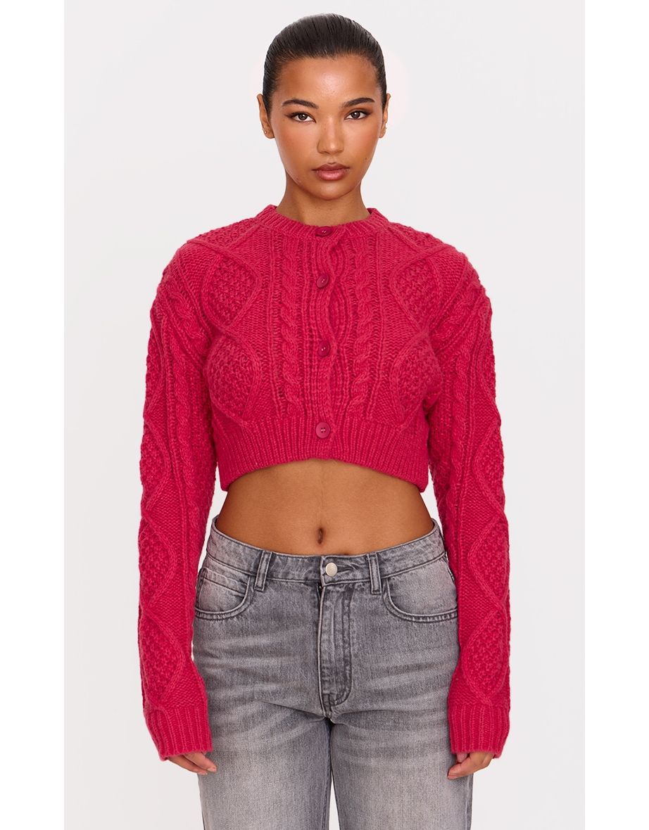Red Chunky Cable Knit Extreme Cropped Cardigan