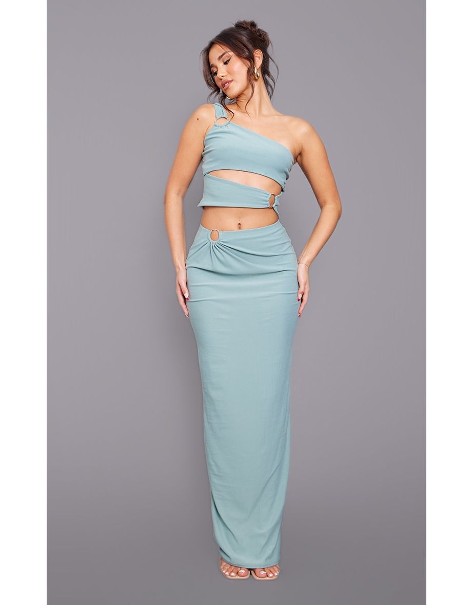 Duck Egg Blue Ring Detail Ruching Maxi Skirt