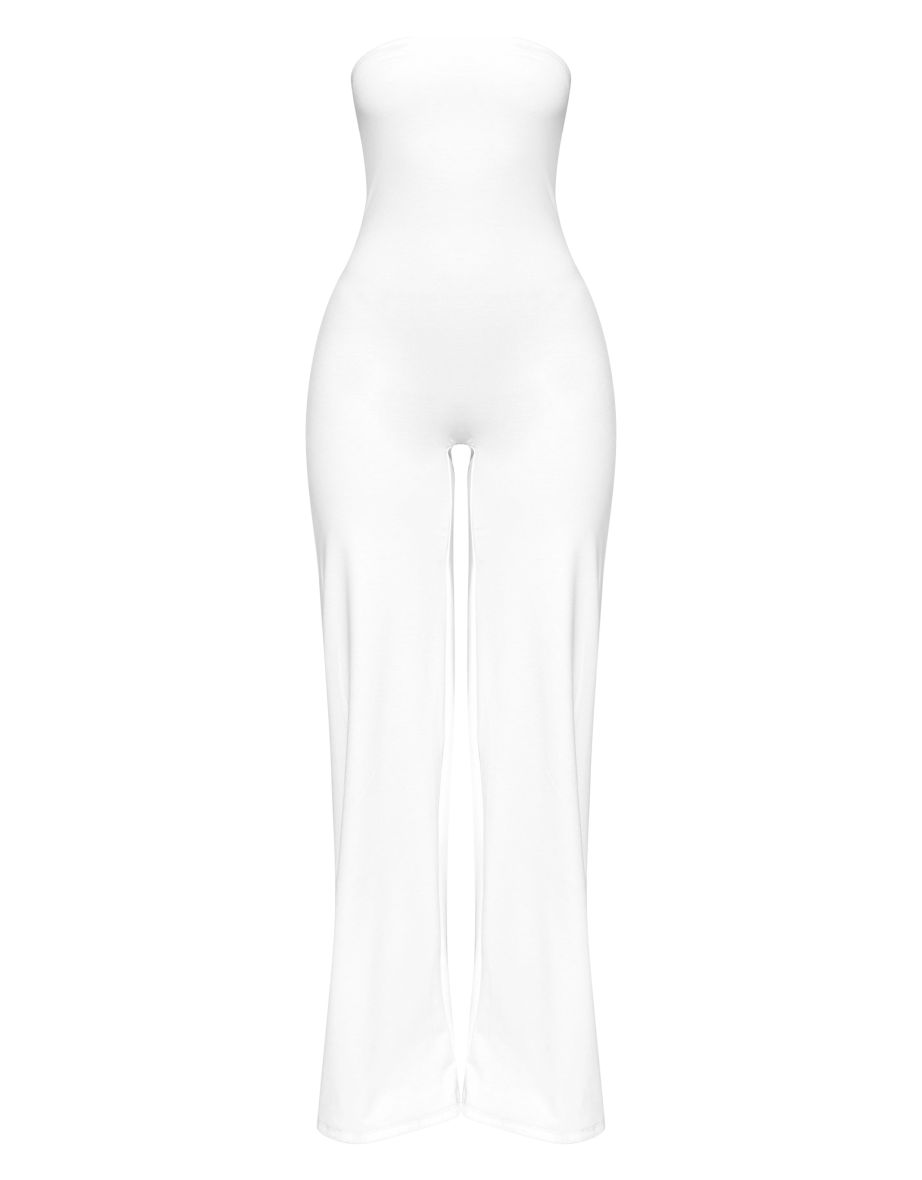 Cream Double Layer Contour Jersey Bandeau Wide Leg Jumpsuit - 4