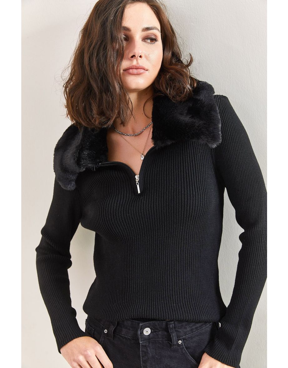 Women's Collar Shearling Fur, Zippered Knitwear Sweater