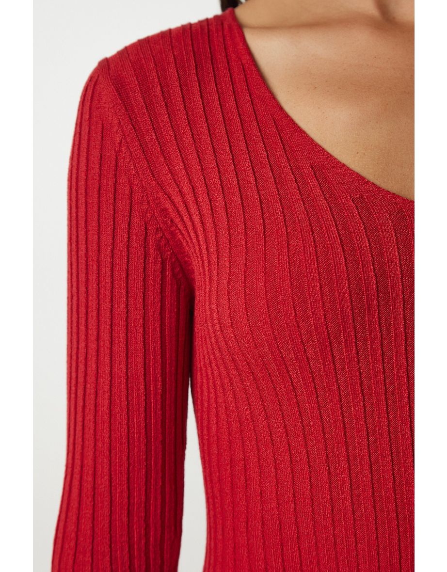 Red Knitted V-Neck Blouse - 6