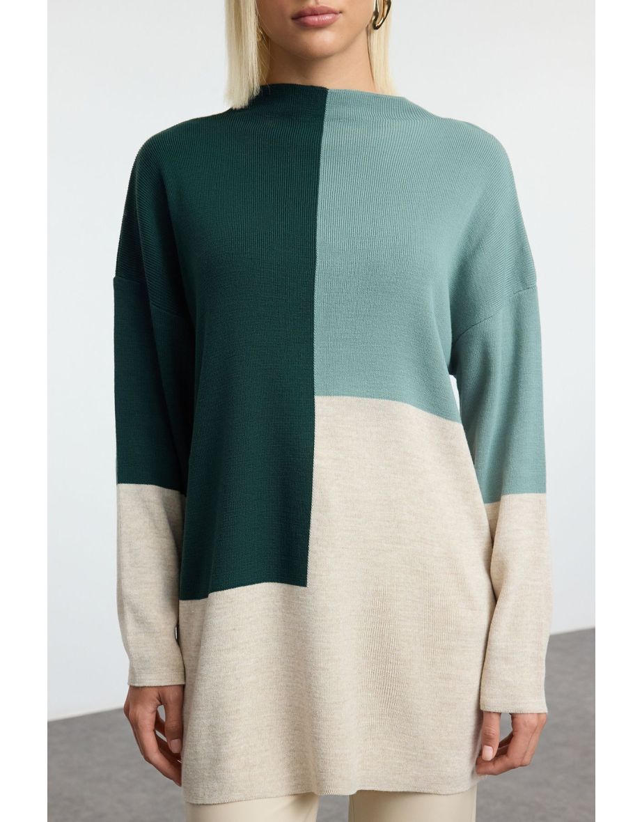 Green Color Block Jacquard Knitwear Sweater - 4