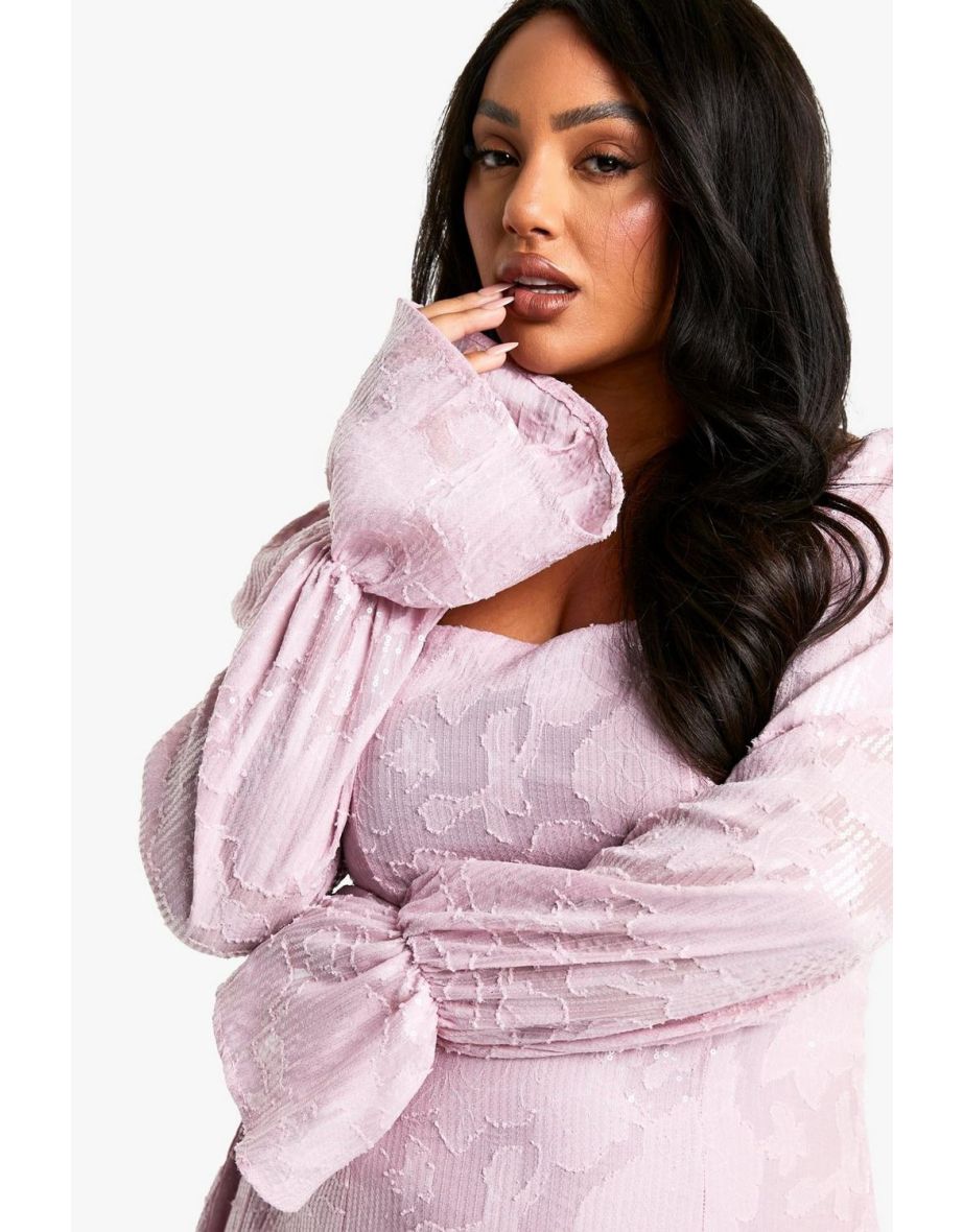 Plus Floral Sequin Long Sleeve Skater Dress - pink - 3