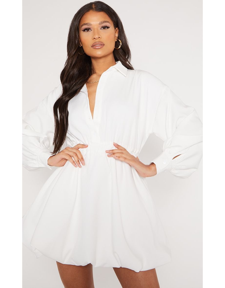 White Puffball Hem Shirt Dress