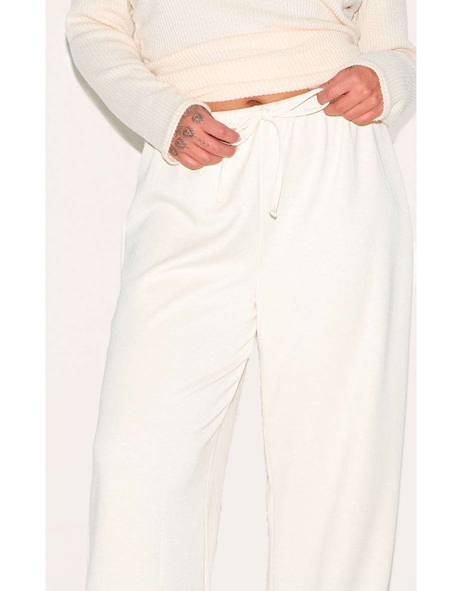 Plus Cream Premium Soft Touch Low Rise Drawstring Waist Wide Leg Trousers - 3