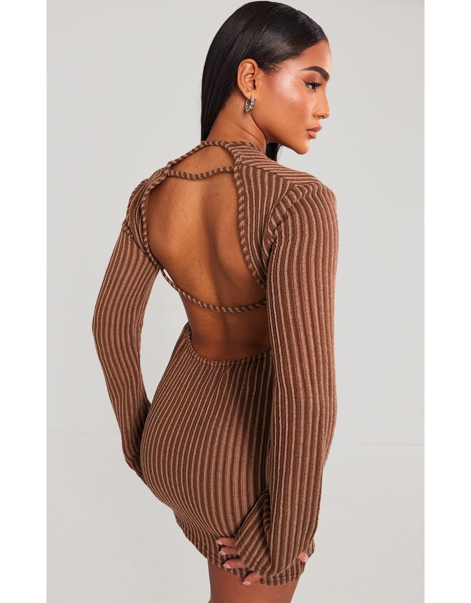 NASTY GAL RIBBED LONG SLEEVE BACKLESS BODYCON DRESS ~ CHOCOLATE