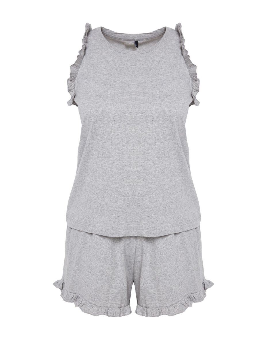 Gray Melange 100% Cotton Plain Ruffle Single Jersey Knitted Pajama Set - 6