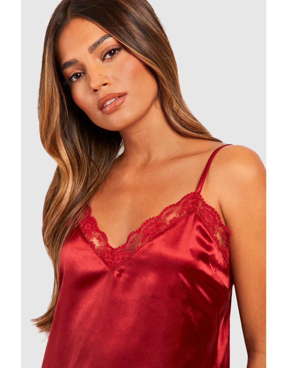 Lace Trim Night Dress - red - 3