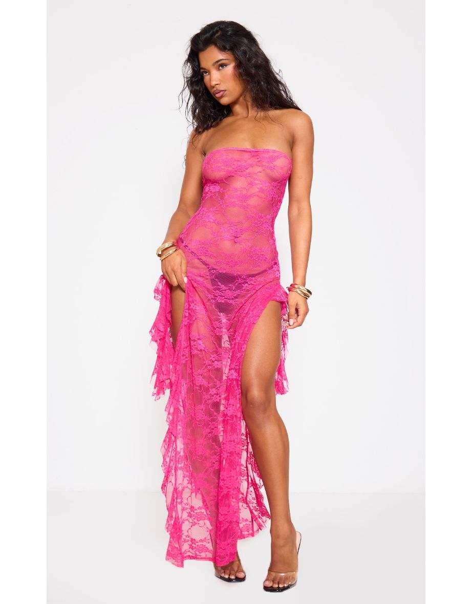 Fuschia Lace Bandeau Split Leg Frill Edge Maxi Dress