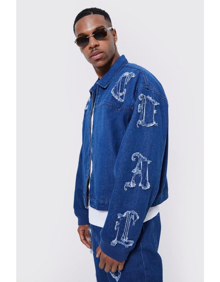 Boxy Fit Raw Edge Applique Denim Jacket - mid blue - 2