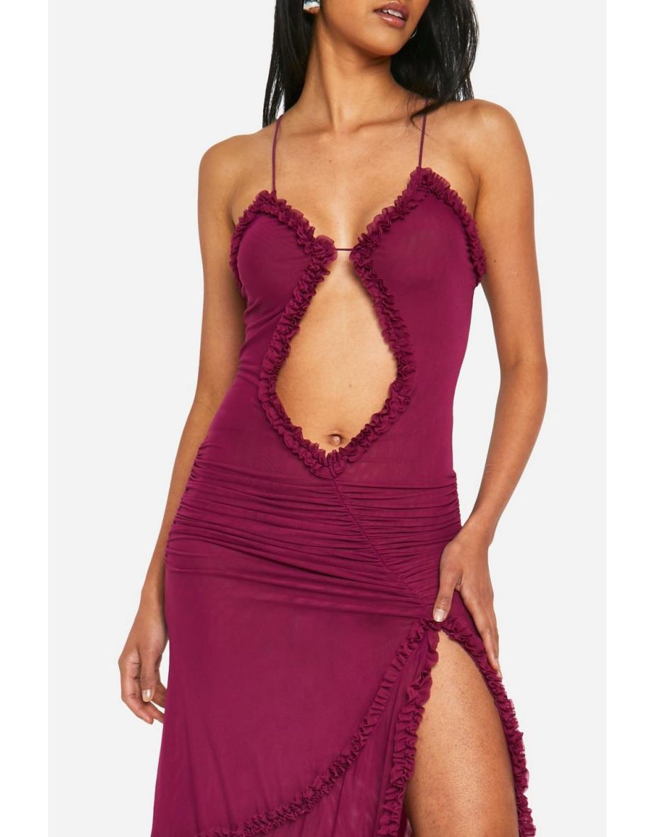 Trim Cut Out Asym Extreame Ruffle Maxi Dress - plum - 3