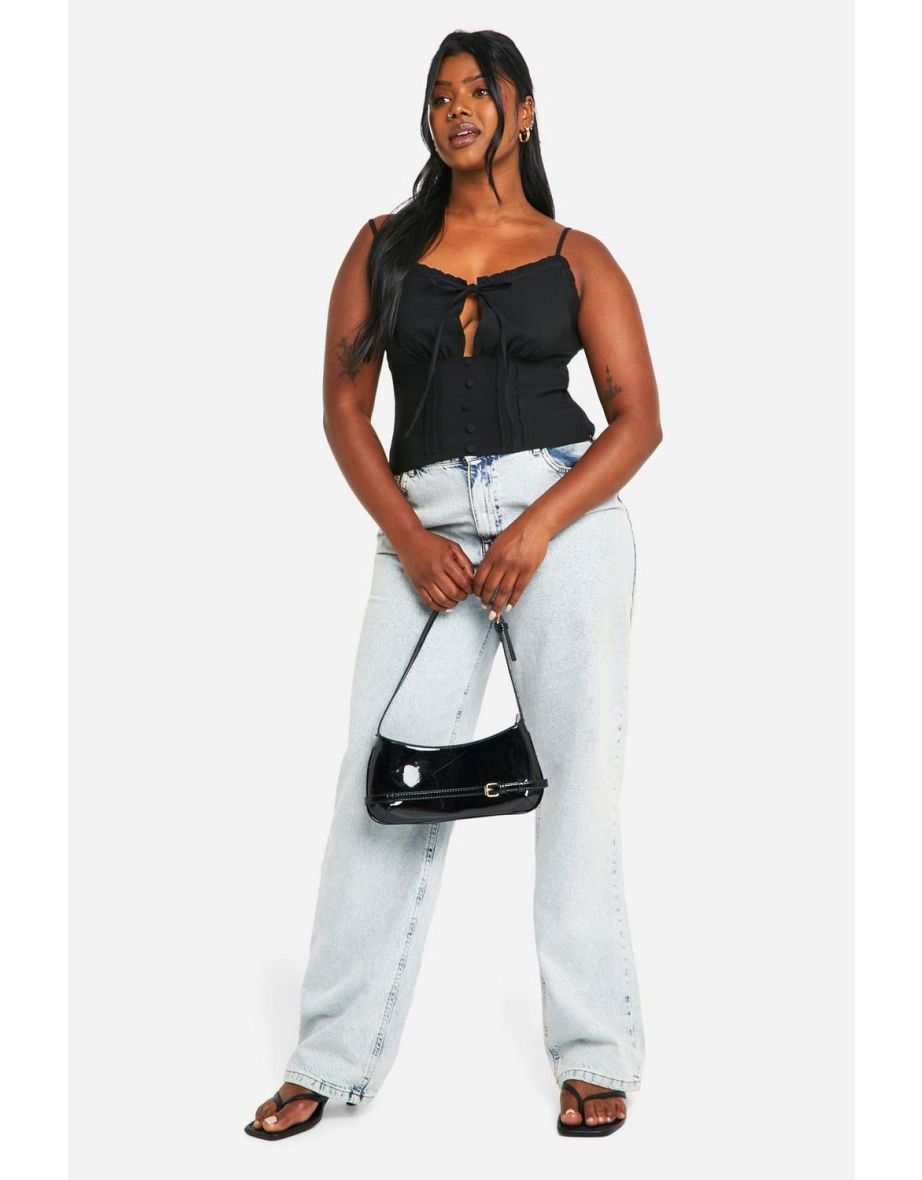 Plus Tie Front Seam Detail Button Corset Top - black