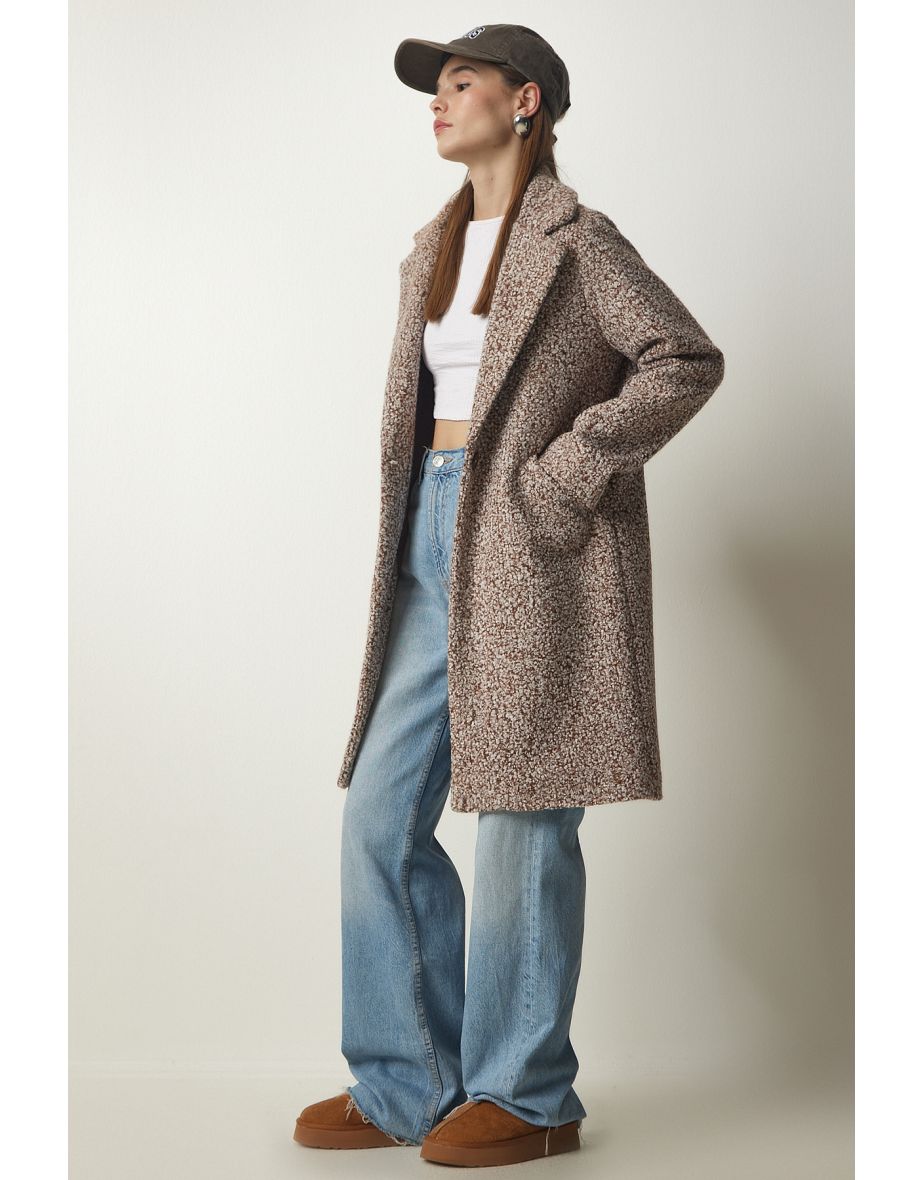 Women's Brown Double Breasted Collar Pocket Boucle Coat