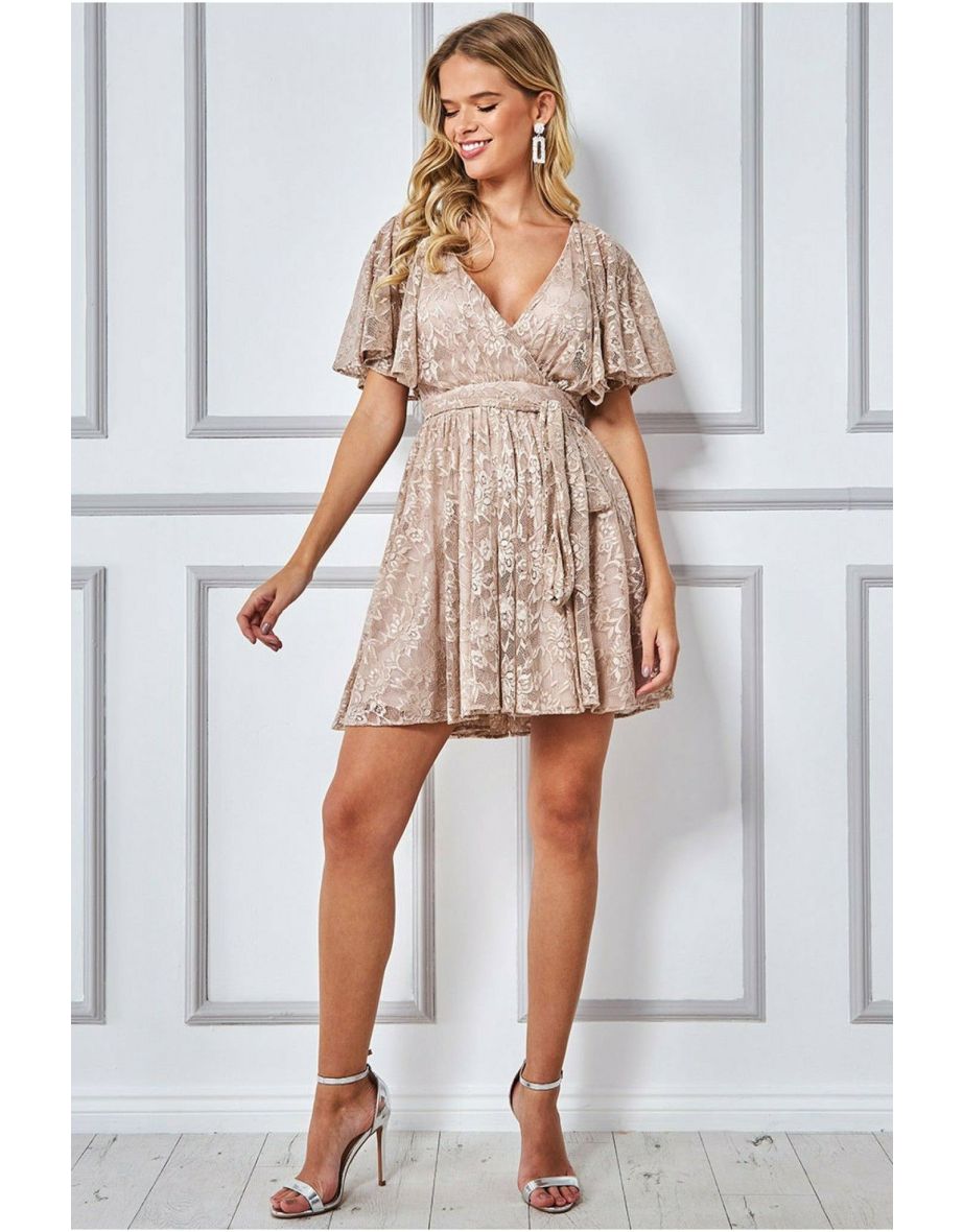 Goddiva Lace Kimono Wrap Skater Mini Dress