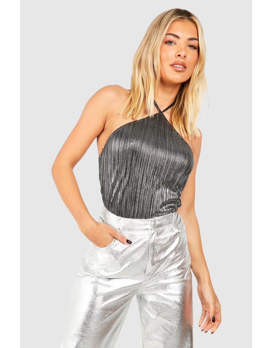 Metallic Plisse Halterneck Bodysuit