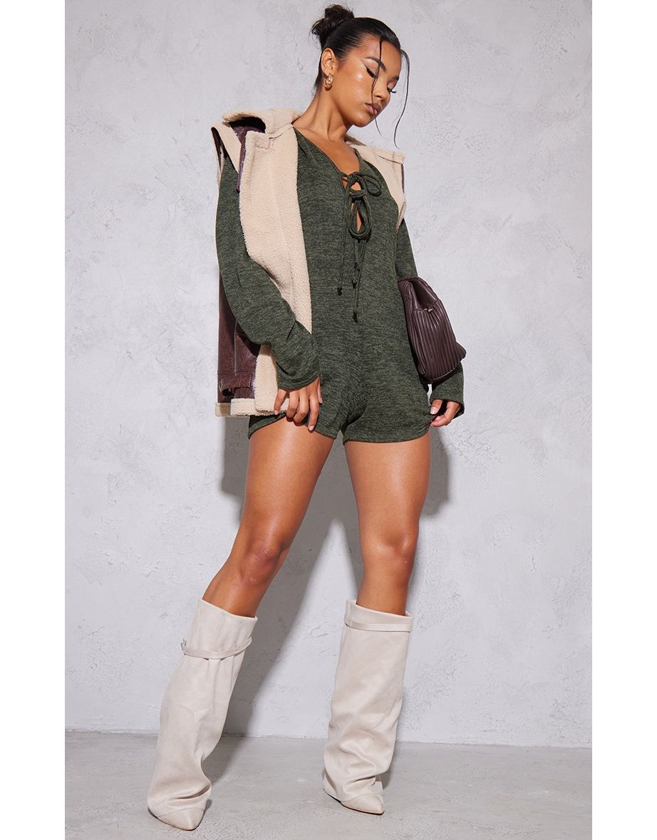 Khaki Brushed Jersey Tie Detail Long Sleeve Playsuit