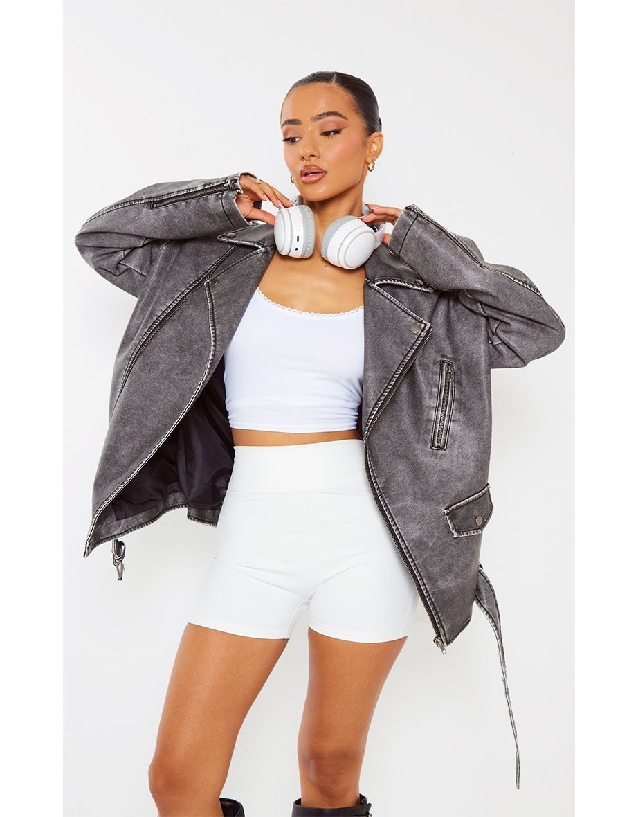 Petite Grey Distressed Look Faux Leather Longline Jacket