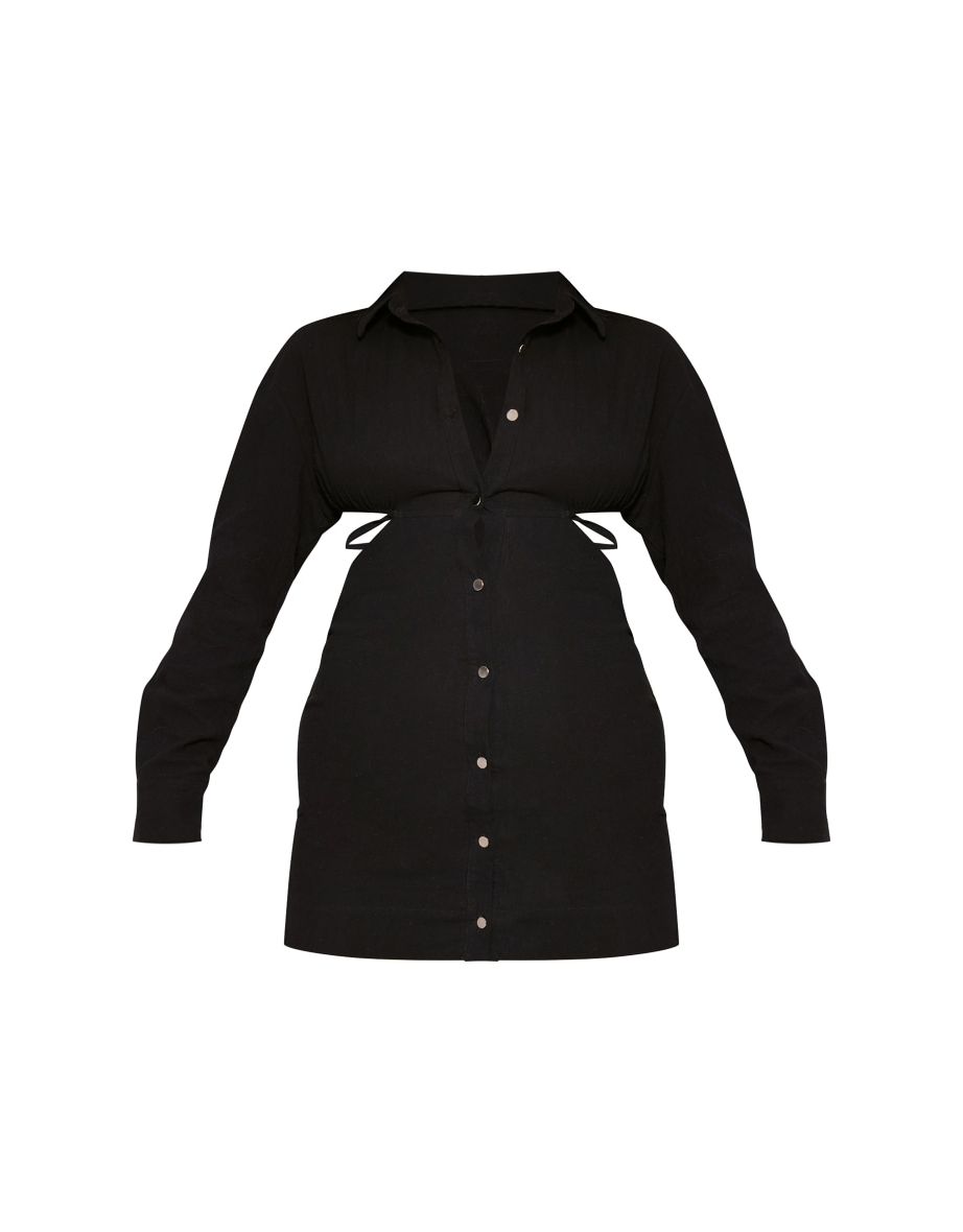Black Textured Open Back Detail Shirt Dress - 4