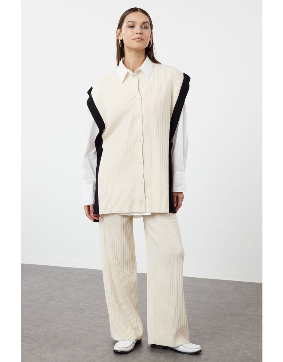 Stone Color Block Slit Detailed Vest-Pants Knitwear Bottom-Top Set
