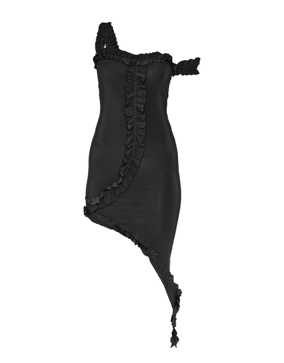 Black Double Layer Slinky Frill Hem Asymmetric Midi Dress - 4