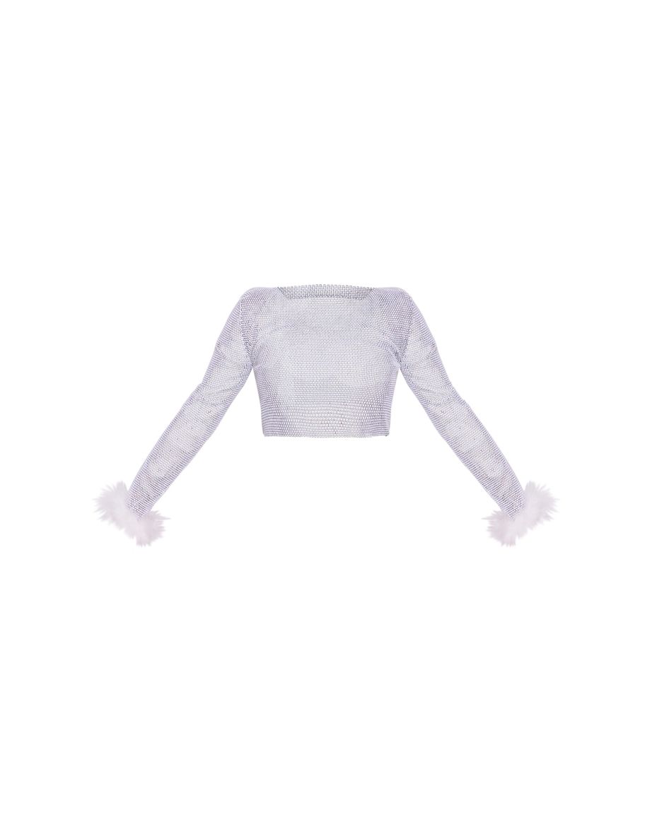 Petite White Diamante Long Sleeve Fur Trim Crop Top - 4