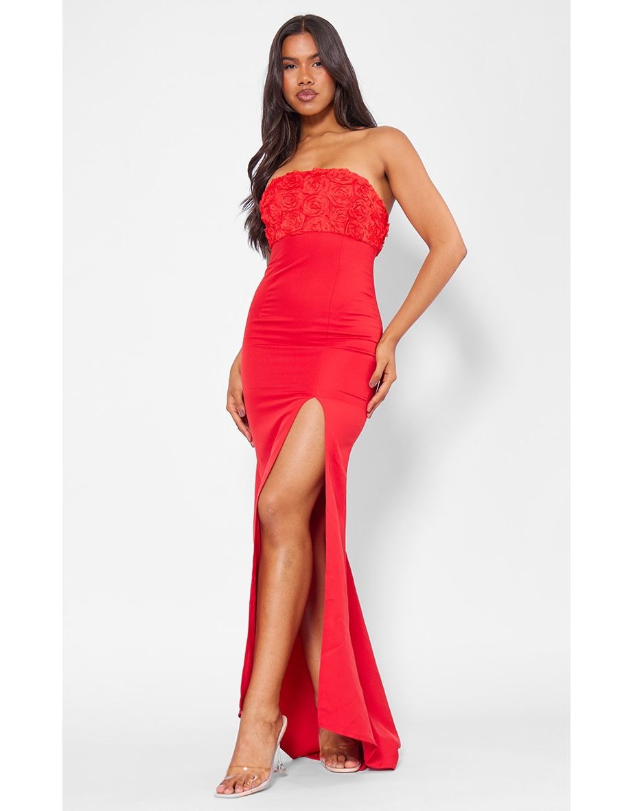 Shop Red Satin Bandeau Rose Detail Split Leg Maxi Dress Online in Lebanon |  VogaCloset