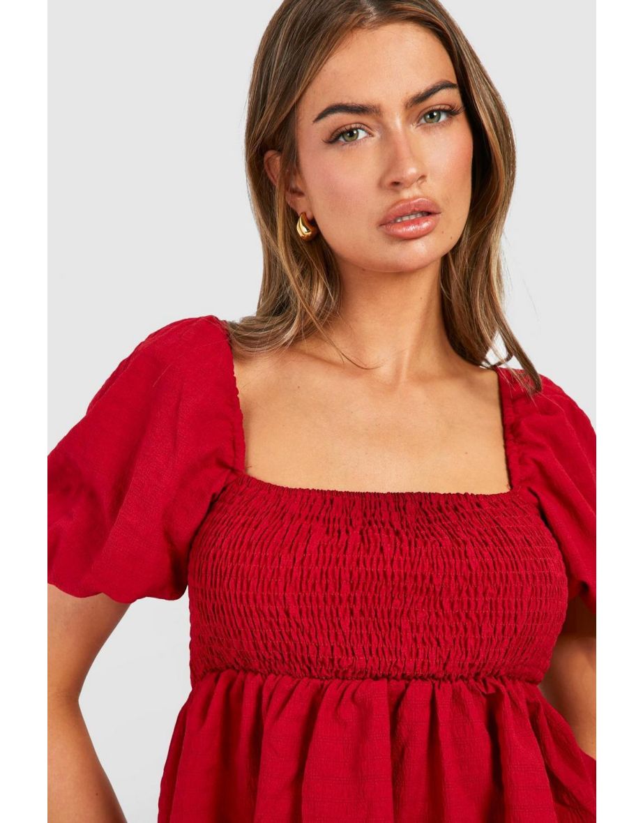 Textured Puff Sleeve Shirred Smock Top - red - 3