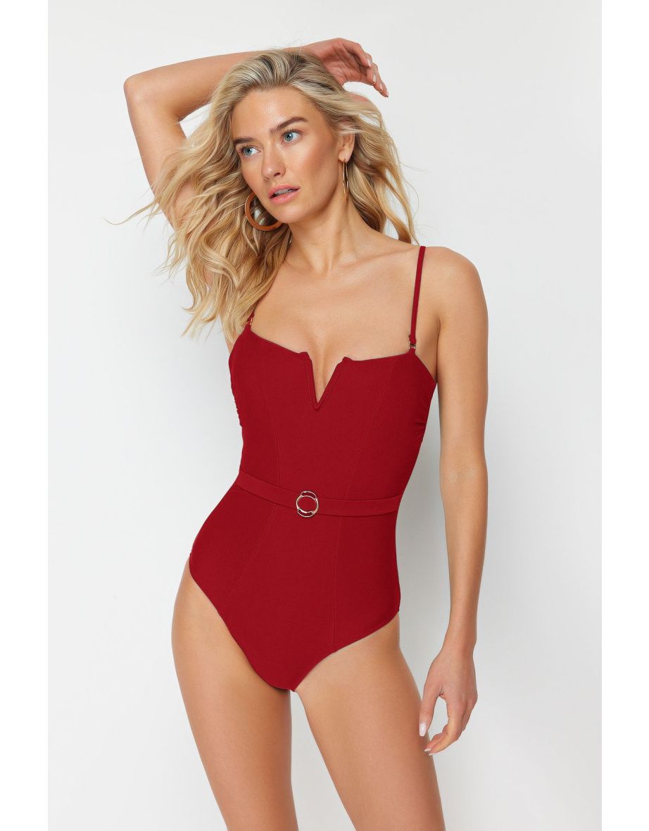 Red Belt Strapless Regular Swimsuit