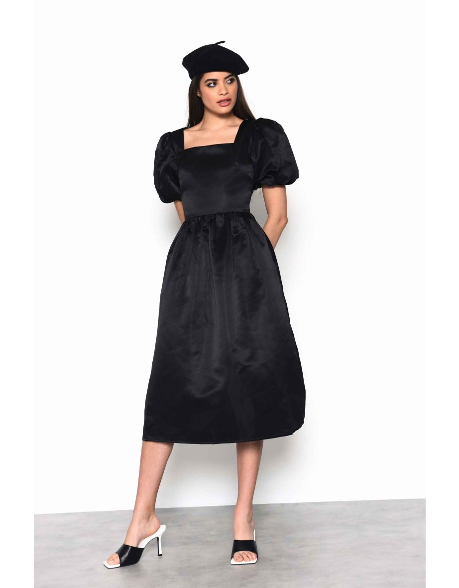 Glamorous Black Satin Puff Sleeve Square Neck Midi Dress